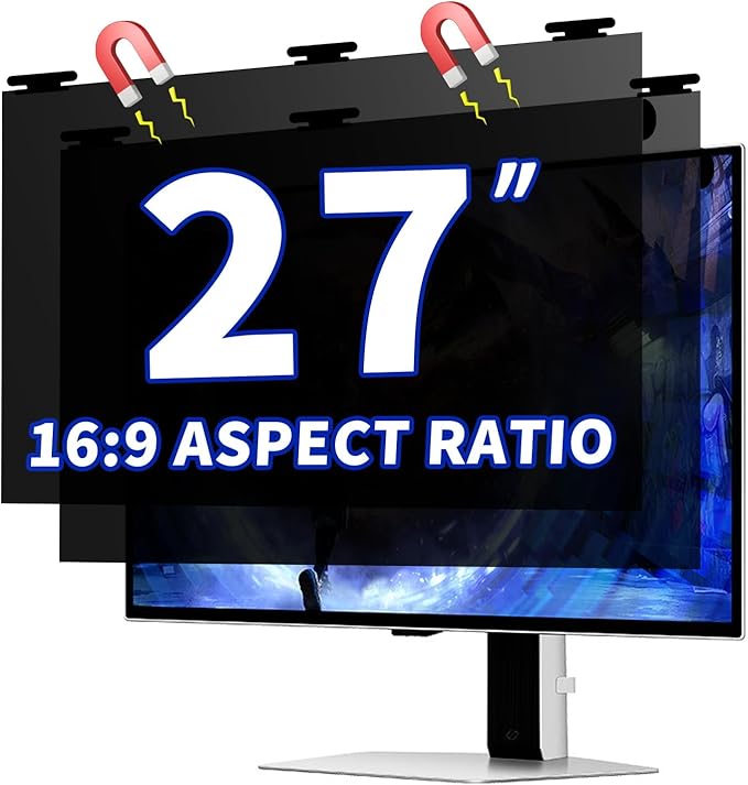 [2 Pack 27 Inch Hanging Magnetic Computer Privacy Screen for 16:9 Widescreen Monitor, Eye Protection Anti Glare Blue Light Filter, Removable Reusable 27in Anti Spy Security Protector Film