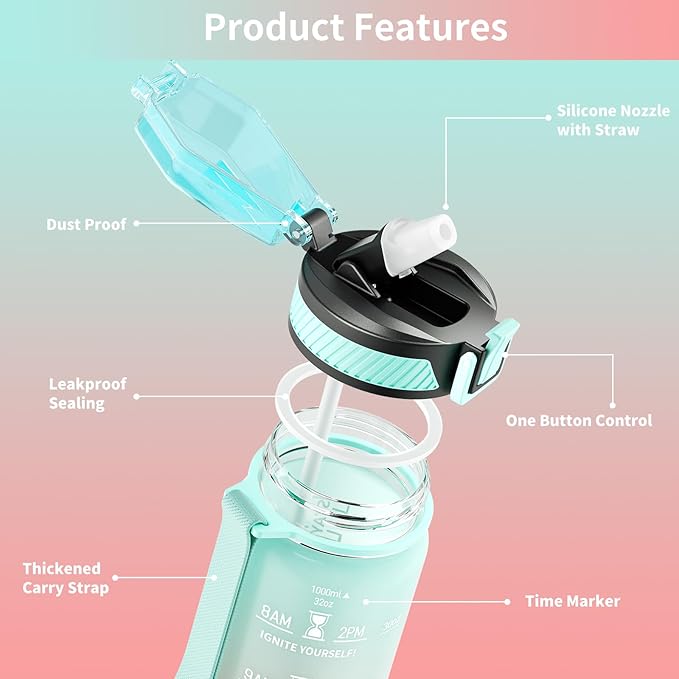 Water Bottle with Straw, 32oz Motivational Water Bottles with Time Marker to Drink, Tritan BPA Free, 1L Sports Water Bottle with Carry Strap LeakProof for Women Gym Fitness Outdoor (1 Pack)