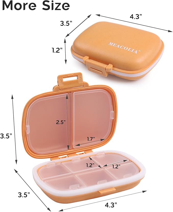 8 Compartments Travel Pill Organizer, Daily Pill Case Small Pill Box for Pocket Purse, Portable Pill Container Medicine Vitamin Organizer (Yellow)