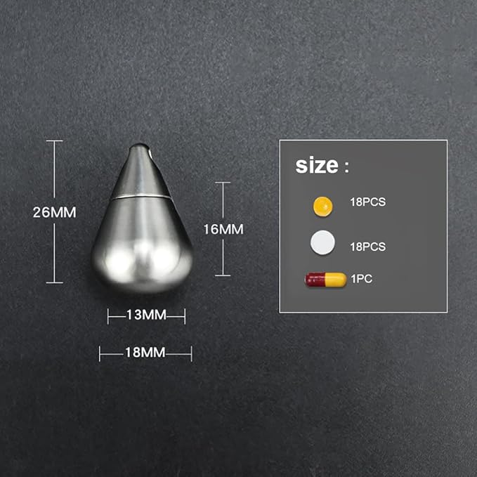 Keychain Pill Holder Titanium Waterproof Pill Case Water Droplet Portable Pocket Pill Box Container EDC Fob Organizer for Travel Daily (Fat)
