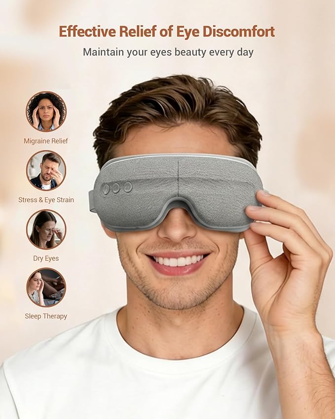 Eye Massager with Heat and Cooling, 5 Massage Modes for Eye Dry Fatigure and Migraines Relief, Lightweight Foldable for Office Home Travel Stress Relief, Gift for Women Men (Grey)