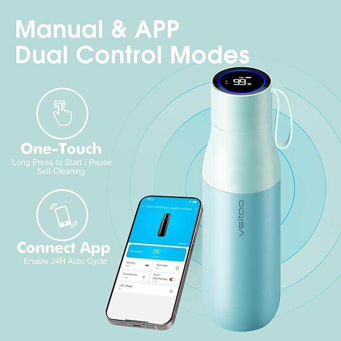 VSITOO 15oz Mini Smart Water Bottle，Self-Cleaning Insulated Bottle, Small Thermoses with AI, App & Touchscreen, Perfect Purse Water Bottle for Travel, Gym & Office, Blue