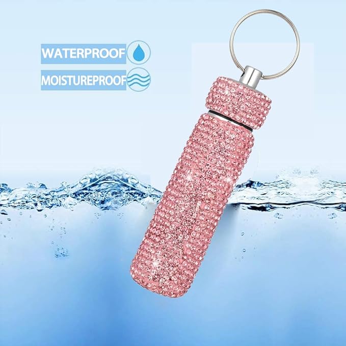 Bling Rhinestone Pill Case Portable Waterproof Pocket Pill Holder Bottle Storage with Keychain for Travel, Outdoor, Camping (Pink)