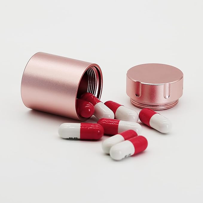 Portable Metal Small Pill Case, Aluminium Alloy Round Pill Box for Travel, Waterproof Pill Box Organizer, Pocket Daliy Pill Holder Pill Container for Medicine Vitamin Fish Oils (Rose Gold)