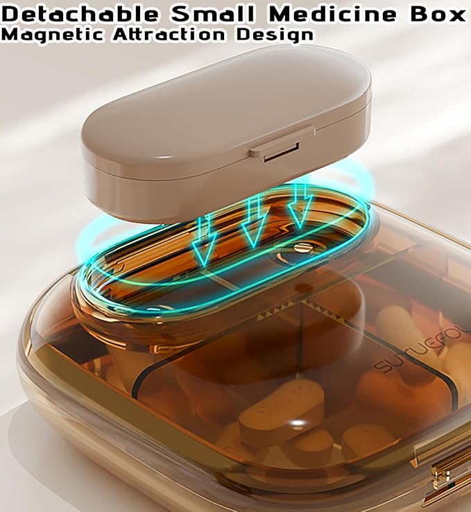 MURRI&MURRDI Travel Pill Organizer, 6 Compartments Small Pill Container, Daily Pill Box to Hold Vitamins, Portable Pill Case for Pocket Purse Medicine Organizer Detachable （G Coffee）