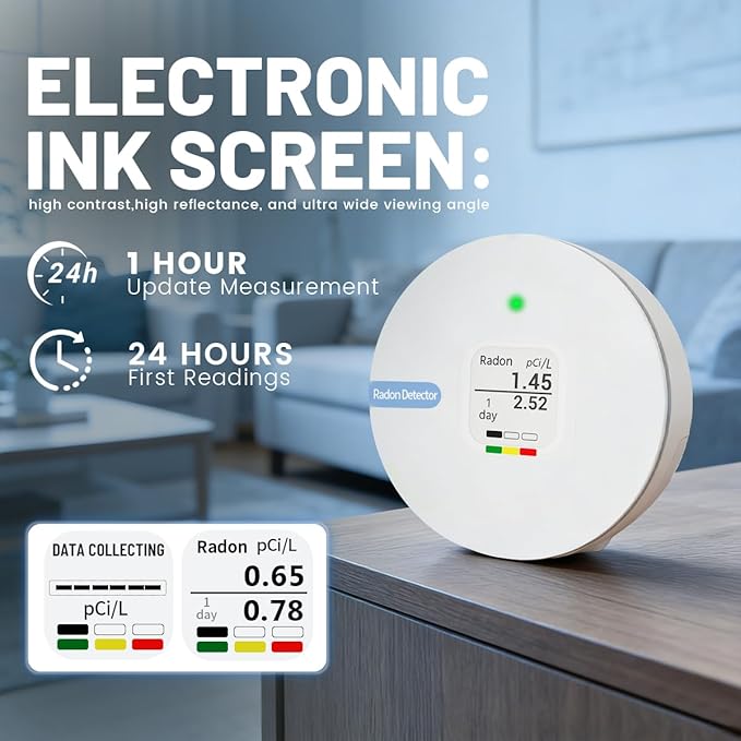 RadonSense Hello Radon C,E-Ink Display Radon Detector for Home,Alpha Spectrometer Sensor&2 Years Battery,wall Mounted&Free Standing,PCi/L & Bq/m³ Units Switchable
