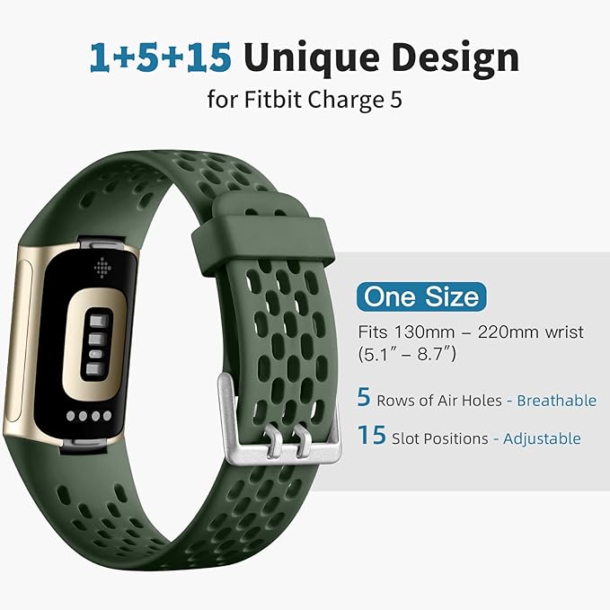 Getino Compatible with Fitbit Charge 5 Bands/Charge 6 Bands Women Men, Soft Comfortable Breathable Replacement Strap Adjustable Sport Wristbands for Fitbit Charge 5/ Charge 6 Accessories, Dark Green
