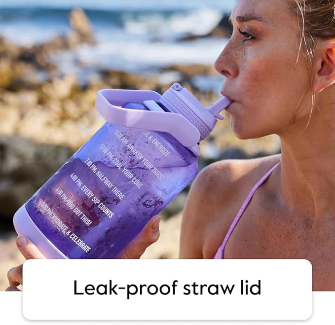 Takeya Tritan Motivational Water Bottle with Straw Lid - Durable, BPA-Free - With Time Marker - Leakproof & Non-Slip Bumper - 64 oz, Vivacity Purple