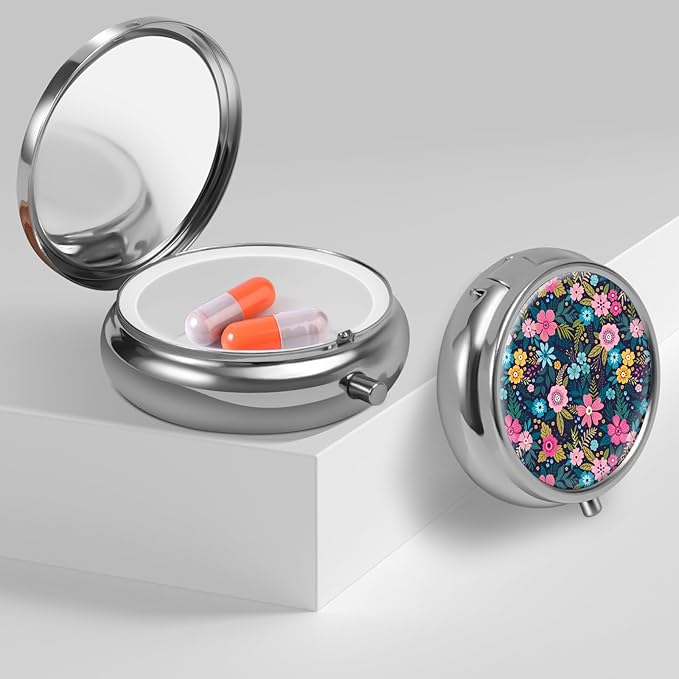 Mini Pill Box, Small Pill Box, Portable Pill Box, Cute Pill Organizer for Vitamins, Medications, Fish Oil and Supplements (Floral)