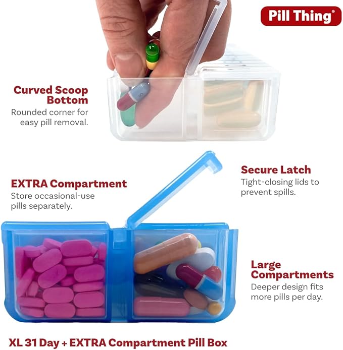 XL Monthly Pill Organizer, Once-a-Day 31-Day Medication Storage Box w/Removable Lid, Extra Compartment for Additional Pills, BPA-Free (XL Blue – 1 Count)