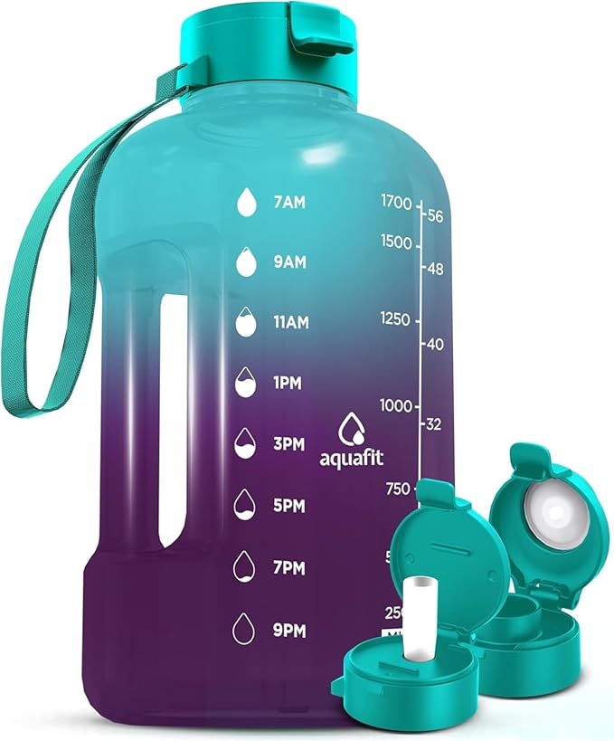 AQUAFIT 64 oz Water Bottle with Time Marker - Straw & Chug Lid - BPA Free Half Gallon Gym Water Bottle with Handle - Big Gallon Jug (Galaxy, 64 Ounces)