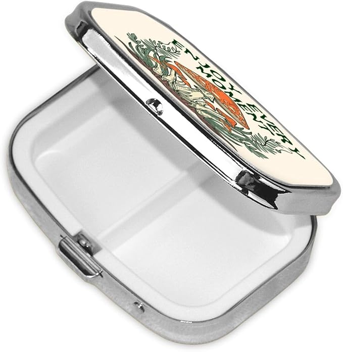 Enjoy Every Moment Magic Mushrooms Forest Metal Iron Plating Square Pill Box 2 Compartment Medicine Pill Case Mini Medicine Vitamin Pillbox Portable Pills Organizer Storage Box for Purse