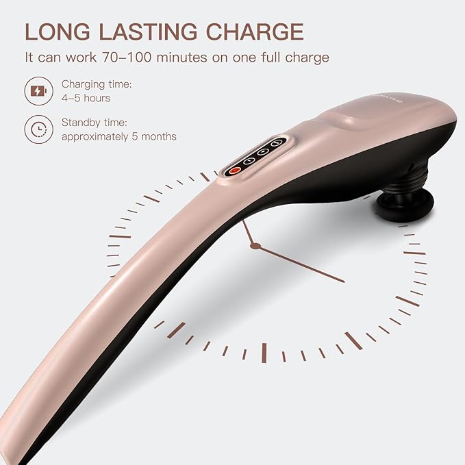 MEGAWISE Cordless Handheld Back Massager w/Rechargeable 3200mAh Battery, 5 Speed and 5 +2 Massage Nodes with Hard, Medium and 2 Soft Silicone Nodes; Massage While Moving Around (Rose Gold)