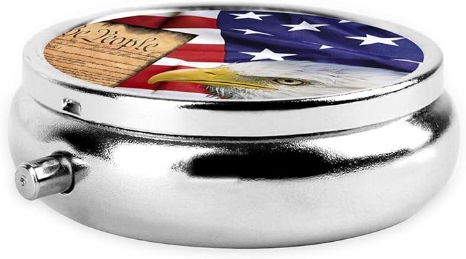 Men Women Round Pill Box Medicine Pill Case, American Flag Patriotic USA Bald Eagle and Book Portable Medicine Tablet Vitamin Holder Organizer for Purse Pocket Travel Gift