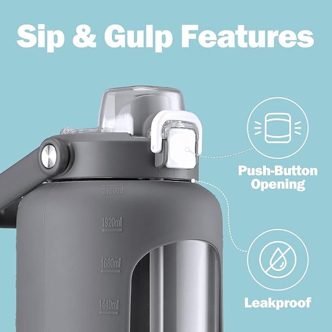 72oz Glass Water Bottle with 2-IN-1 Straw &Chug Lid, Large Motivational Glass Bottle with Capacity Marker and Silicone Sleeve, 2.1L Gallon Water Jug for Home, Sports, Gym, BPA Free-Gray