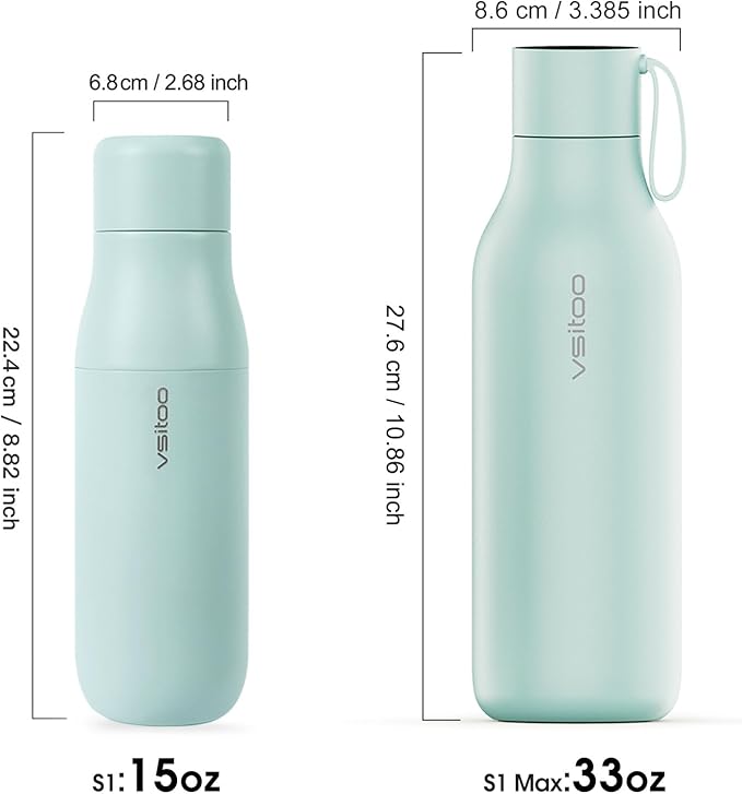 VSITOO 14.8oz Mini Smart Self-Cleaning Water Bottle，Small Insulated Stainless Steel Thermoses with AI Self-Clean, 30-Day Battery & Magnetic Charging for Travel, Gym, Office or Purse, Blue