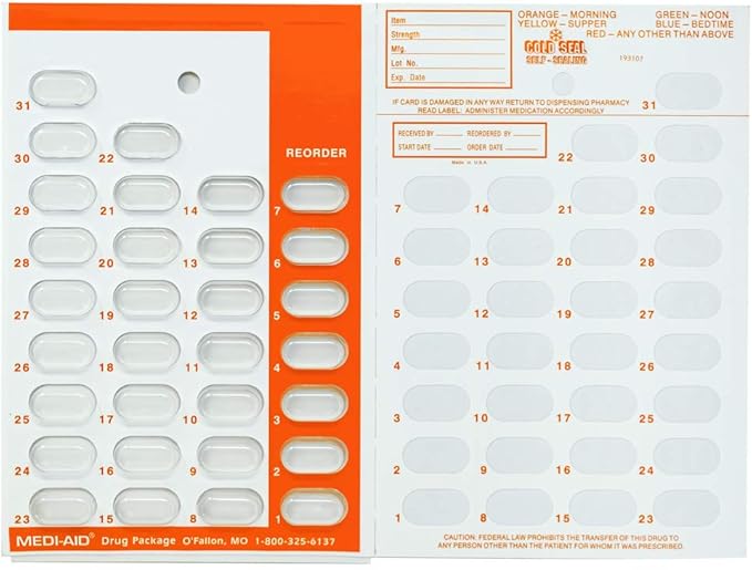 Color Coded Monthly 31 Day Medication Blister Cards Cold Seal - Use Colors for Daily, AM/PM, 3X, 4X, 5X a Day Pill Organizer (6 Pack Orange)