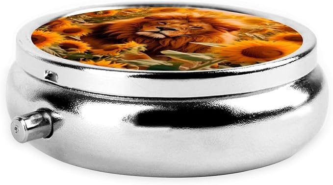 Lion Sunflowers Field Pill Box 3 Compartment Pill Case, Portable Medicine Pill Organizer for Pocket Purse Pill Box Decorative Metal Medicine Vitamin Organizer
