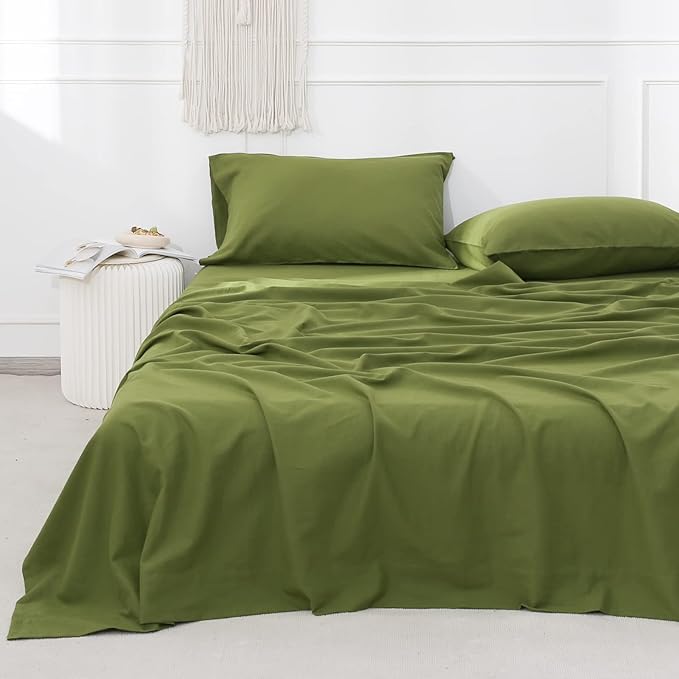 Simple&Opulence Belgian Linen Sheet Set Solid Color - 4 Pieces (1 Flat Sheet, 1 Fitted Sheet & 2 Pillowcases) Natural Flax Cotton Blend Soft Breathable Farmhouse Bedding - King Size, Forest