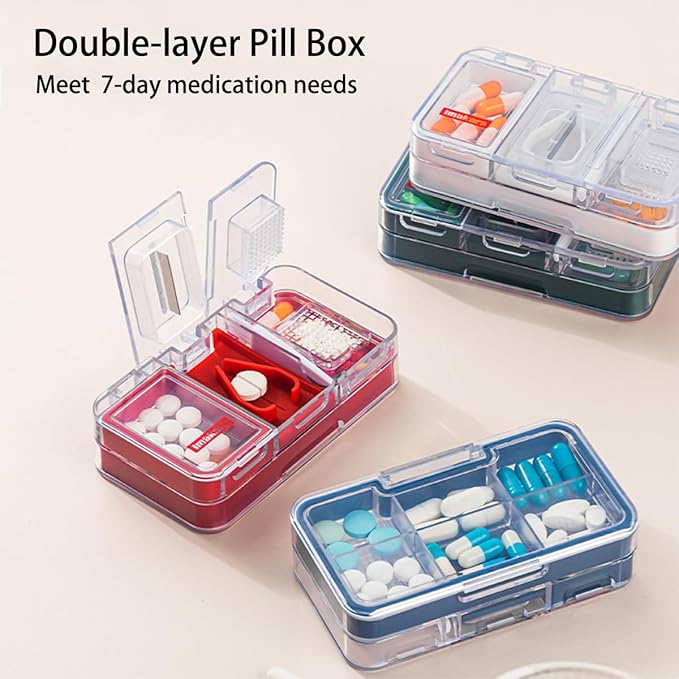 Double-Layered Multifunctional Pill Organizer with Pill Cutter, Crusher, and Splitter – Travel Size Pill Box