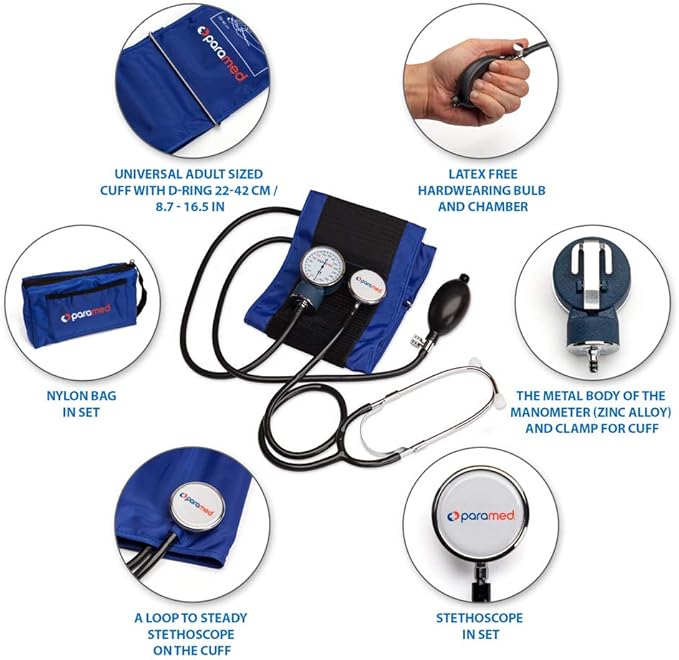 PARAMED Aneroid Sphygmomanometer with Stethoscope – Manual Blood Pressure Cuff with Universal Cuff 8.7-16.5" and D-Ring – Carrying Case in The kit – Blue