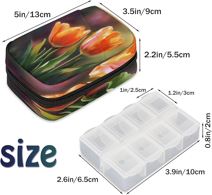 Floral Red Tulip Flower Travel Pill Organizer Box Weekly Portable Pill Case Daily Pills 7 Day Small Birth Control Pills Container Removable Compartments for Medicine Vitamins Fish Oil