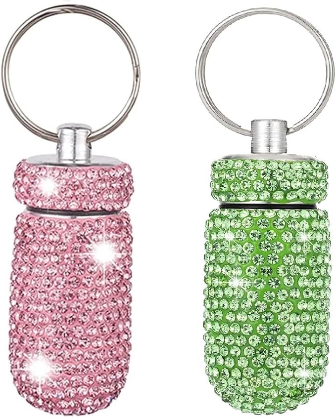 2 Pcs Pill Holder Keychain, Bling Aluminum Medicine Holder Pill Container Mini Size Waterproof and Light Weight Portable Pill Bottle Case (Pink+Light Green)