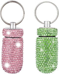 2 Pcs Pill Holder Keychain, Bling Aluminum Medicine Holder Pill Container Mini Size Waterproof and Light Weight Portable Pill Bottle Case (Pink+Light Green)