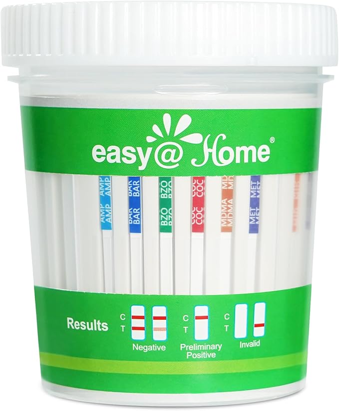 Easy@Home Drug Test Cup: Urine Drug Tests Kit for Home Use, Testing for AMP,BAR,BZO,COC,MDMA,MET,MTD,OPI 2000,OXY,PCP,TCA,THC50, Built-in Highly Sensitive THC Test Strip, #ECDOA-7124 1 Pack