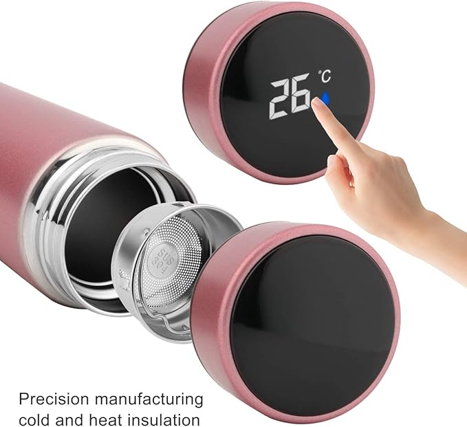 QiCheng&LYS Coffee Cup,Tea Infuser Bottle,Smart Sports Water Bottle with LED Temperature Display,17 OZ Vacuum-Insulated Stainless-Steel Water Bottle (Pink)