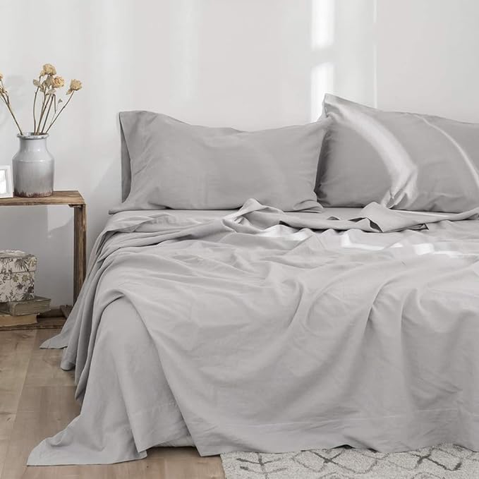 Simple&Opulence Belgian Linen Sheet Set Solid Color - 3 Pieces (1 Flat Sheet, 1 Fitted Sheet & 1 Pillowcase) Natural Flax Cotton Blend Soft Breathable Farmhouse Bedding - Twin Size, Grey