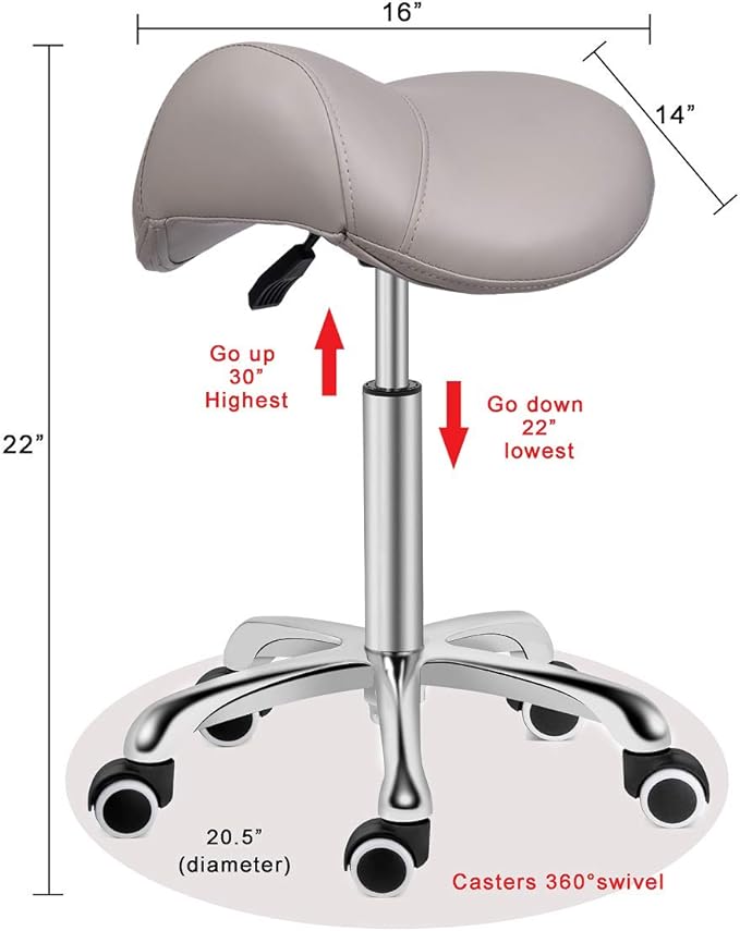 Kaleurrier Saddle Stool Rolling Swivel Height Adjustable with Wheels,Heavy Duty Saddle Chair,Ergonomic Stool Chair for Hair Salon Lab Clinic Dental Massage Home Office Kitchen (Grey, Without Back)