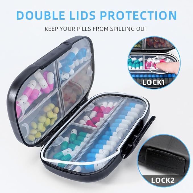 ZeehoTravel Pill Organizer Weekly with Double Lock, 7-Day Large Capacity Medicine Case, Waterproof with Triple Protection, 7 Compartments,Airtight Daily Container with Labels for Vitamins/Supplements