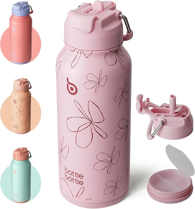 BOTTLE BOTTLE 32oz Insulated Water Bottle Stainless Steel Sport Water Bottle with Straw Dual-use Lid Design for Gym with Pill Box