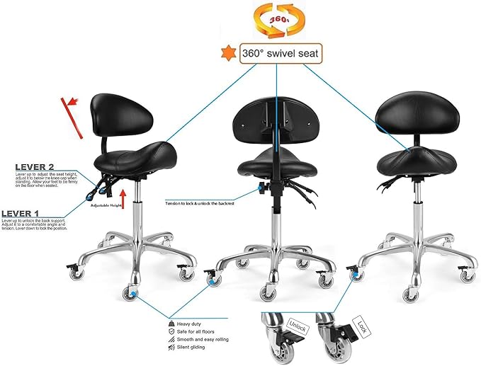 Saddle Stool Chair With Back Support - Ergonomic Rolling Saddle Stools with Wheels Heavy Duty Hydraulic Swivel Adjustable Stool Esthetician Chair for Massage Hair stylist Salon Tattoo office (Black)