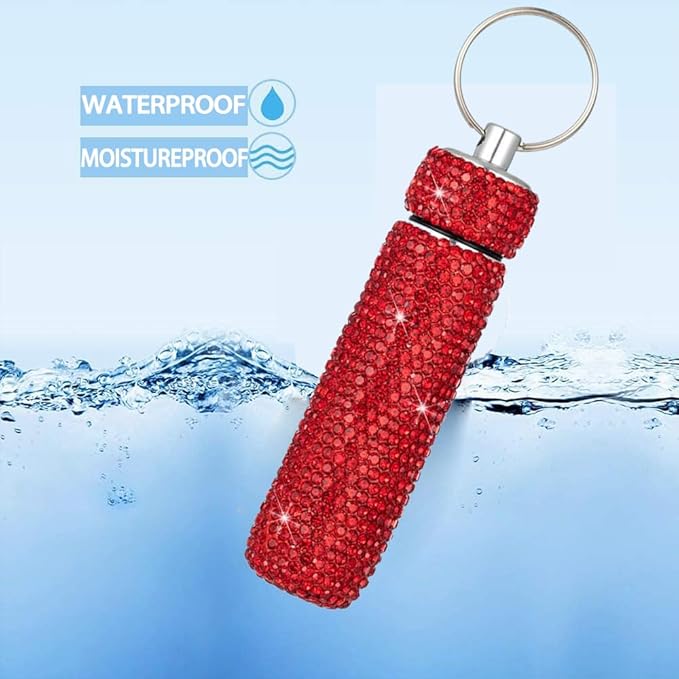 Bling Rhinestone Pill Case Portable Waterproof Pocket Pill Holder Bottle Storage with Keychain for Travel, Outdoor, Camping (red)