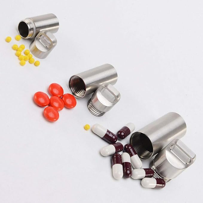 Waterproof Pill Box BE-TOOL 1Pcs Small Pocket Pill Container Metal Portable Travel Pill Holder for Keychain Pill Fob Silver Small