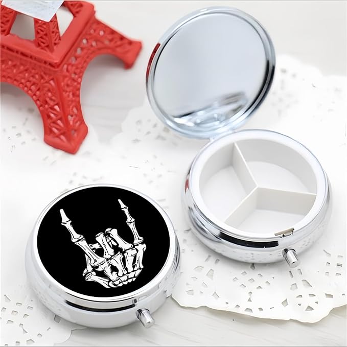 Pill Box 3 Compartment Pocket Small Pill Organizer Mini Metal Pill Holder Travel Portable for Man - Funny Skull Hand