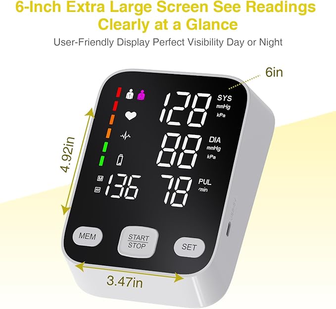Upper arm Blood Pressure Monitor, 6-Inch Large Backlit Display, Accurate Reading, One-Button Operation, 2-User Mode with 199 Memory Records, Pulse Rate Detection, Blood Pressure Monitors for Home use