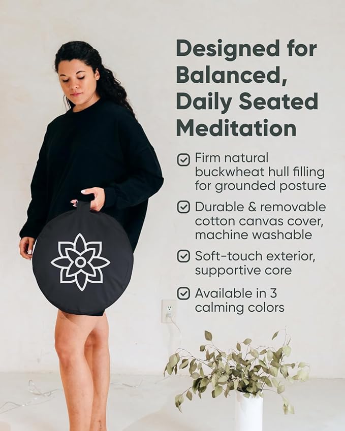 Mindful & Modern Large Meditation Cushion for Zafu Yoga - Meditation Pillow for Sitting on the Floor - Buckwheat Hull Filled Yoga Cushion with Removable, Washable 100% Cotton Cover and Carry Handle