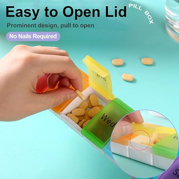 Weekly Pill Organizer, 7 Days Portable Travel Pill Box, 7-Compartment Medicine Planner Dispenser, Easy to Open, Senior-Friendly, Storage for Vitamins, Fish Oil (Black, 7-Color lid)