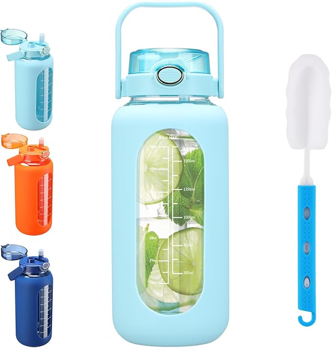 Glass Water Bottle with Straw and Handle Lid Half Gallon Motivational Glass Bottle with Silicone Sleeve and Time Marker Large Reusable Sports Water Jug for Gym Home Workout