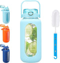 Glass Water Bottle with Straw and Handle Lid Half Gallon Motivational Glass Bottle with Silicone Sleeve and Time Marker Large Reusable Sports Water Jug for Gym Home Workout