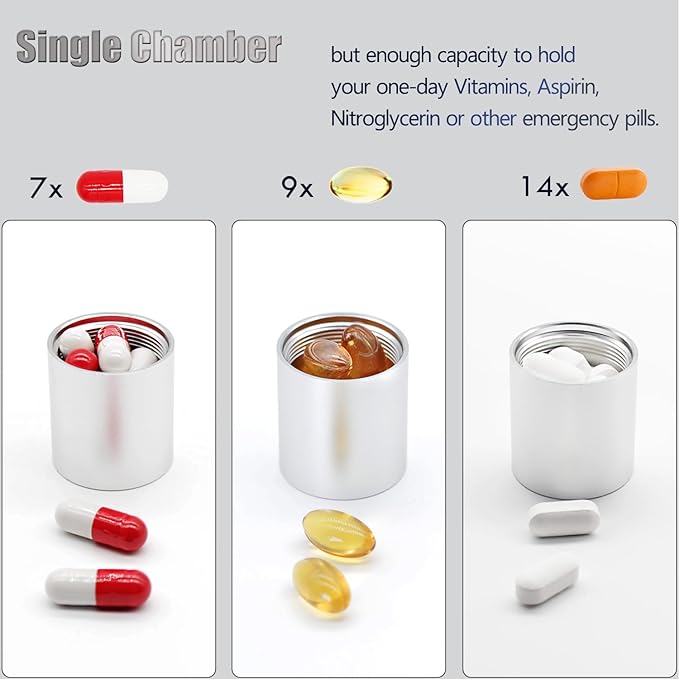 Portable Metal Small Pill Case, Aluminium Alloy Round Pill Box for Travel, Waterproof Pill Box Organizer, Pocket Daliy Pill Holder Pill Container for Medicine Vitamin Fish Oils (Silver)