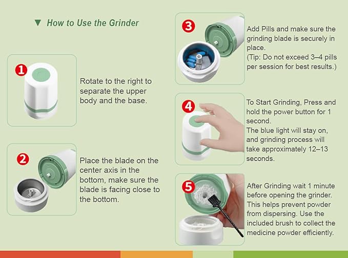 EZ Grind Electric Pill Crusher – Automatic Medication Grinder for Tablets & Vitamins – Rechargeable, Easy to Use, Stainless Steel Blade, Safe & Consistent Results (Green with Pill Pouches)