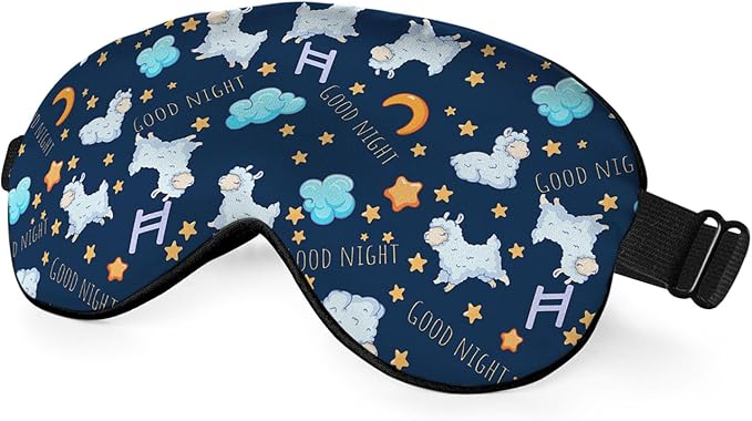 Cute Sheep Sleep Eye Mask Good Night Moon Clouds Stars Silk Eye Mask Sleeping Soft Eye Shade Cover for Men Women Boy Girl Airplane Travel with Elastic Strap