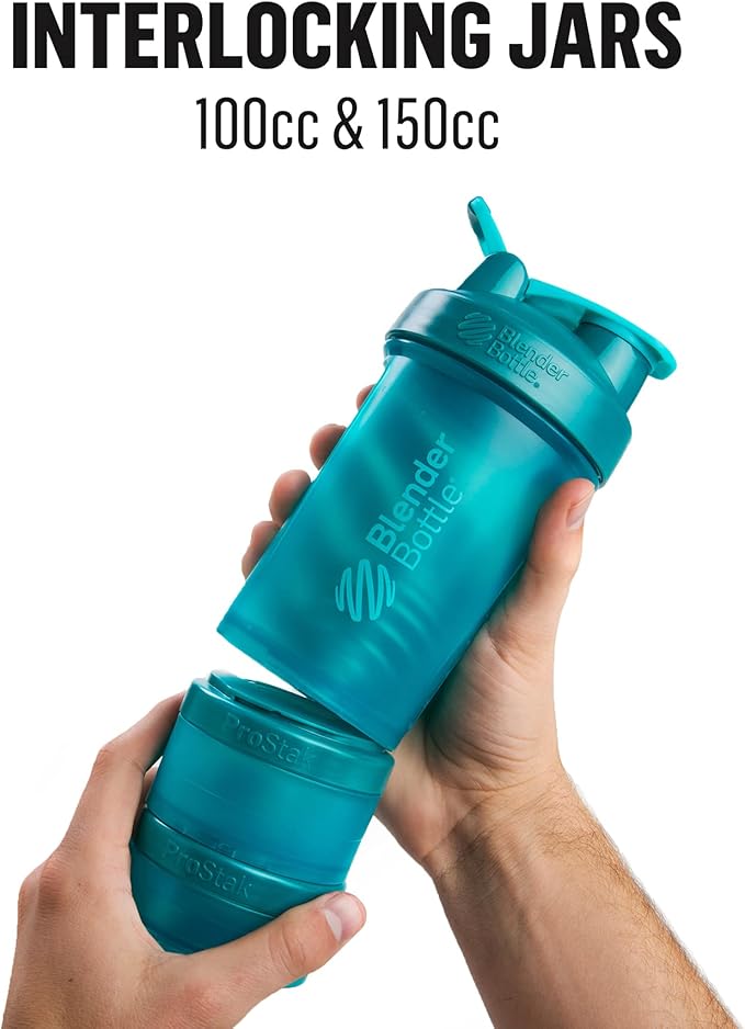 BlenderBottle Shaker Bottle with Pill Organizer and Storage for Protein Powder ProStak System, 22-Ounce, Pebble Grey