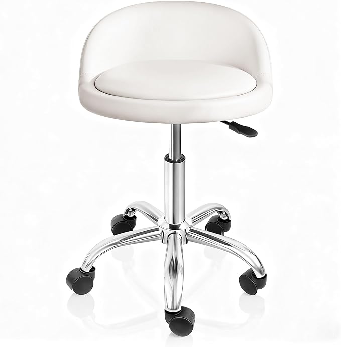 SUPER DEAL Adjustable Height Hydraulic Rolling Swivel Stool Tattoo Facial Massage Spa Salon Medical Stool with Back Rest (White)
