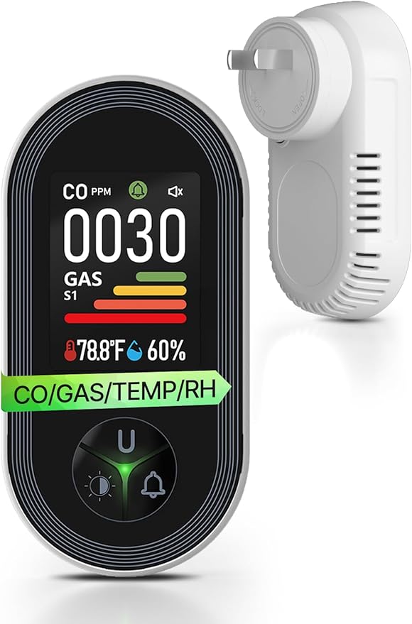 4IN1 Gas & Carbon Monoxide Detector Combination Plug in, CO Gas Monitor with Real-Time Temperature & Humidity Display, Alarm for Natural Gas, Propane