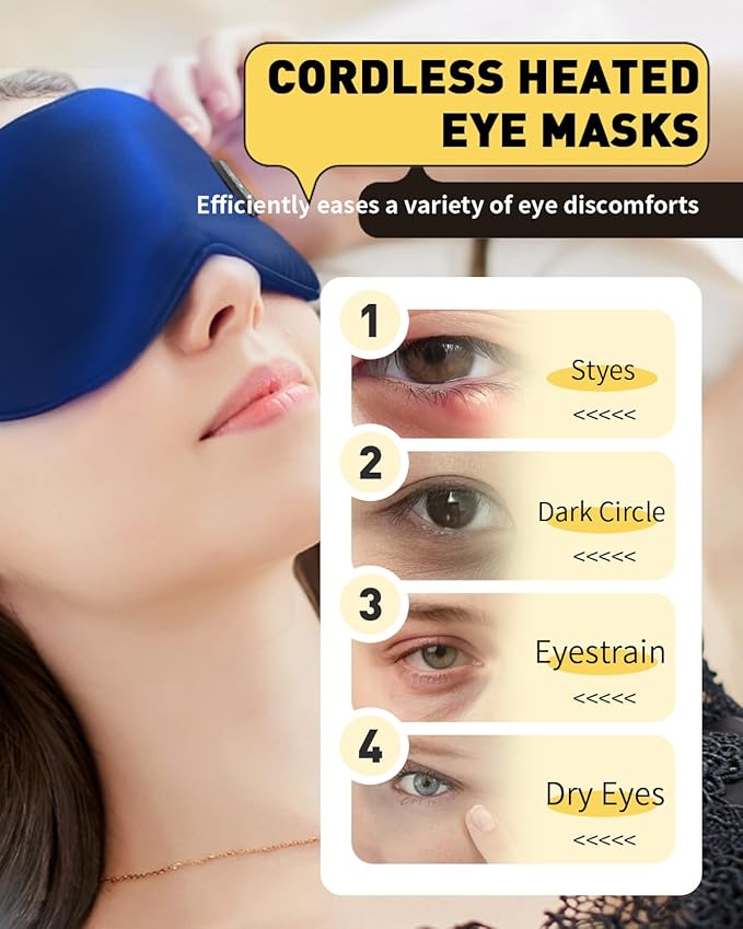 COMOIL Silk Cordless Heated Eye Mask, 2000mAh 35-65℃ Stepless Precision Warm Eye Compress for Dry Eyes, 6 Timers, Washable Eye Heating pad for Eye Care & Improved Sleep